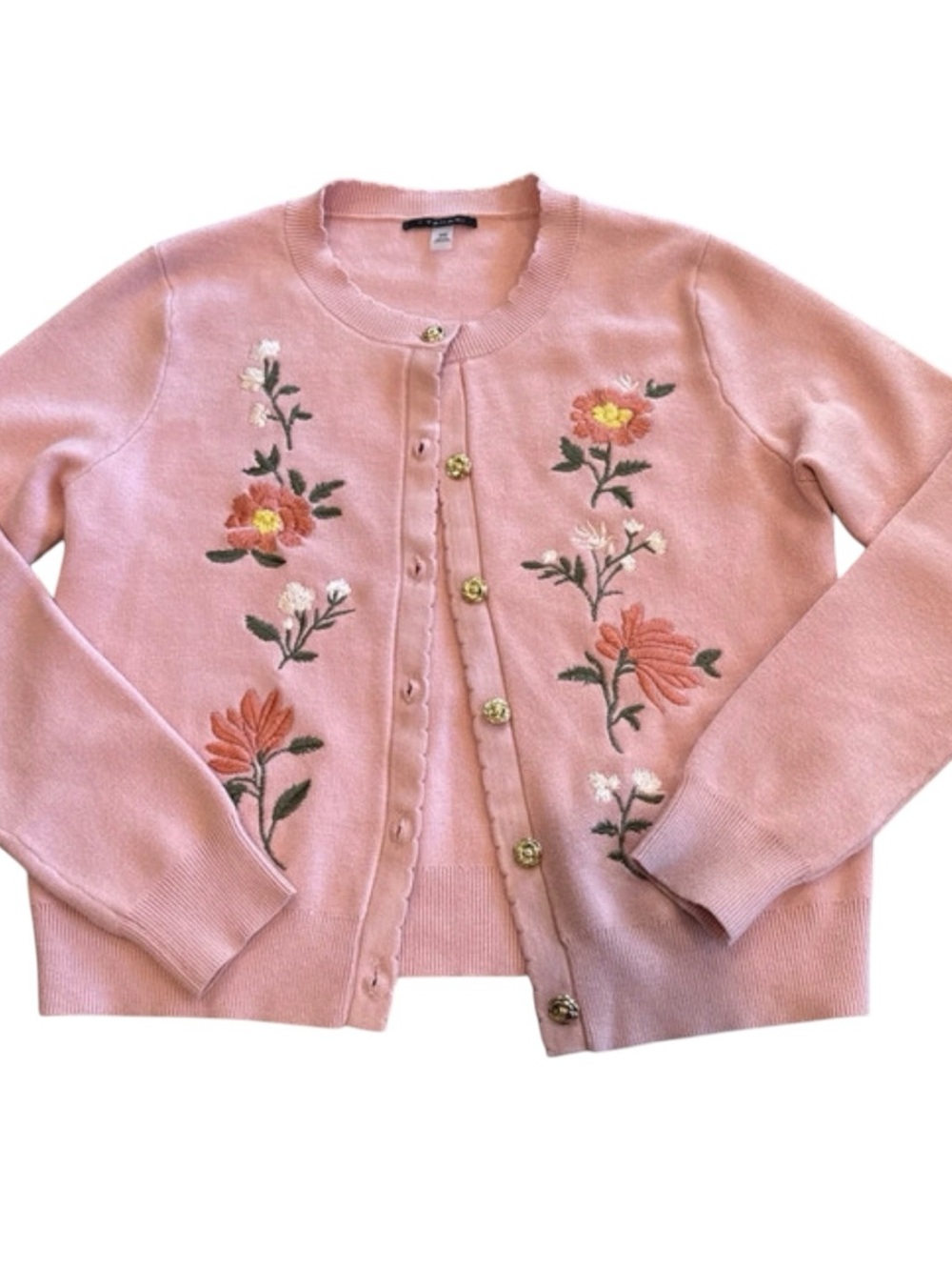 T Tahari Pink Floral Embroidered Crewneck Cardigan